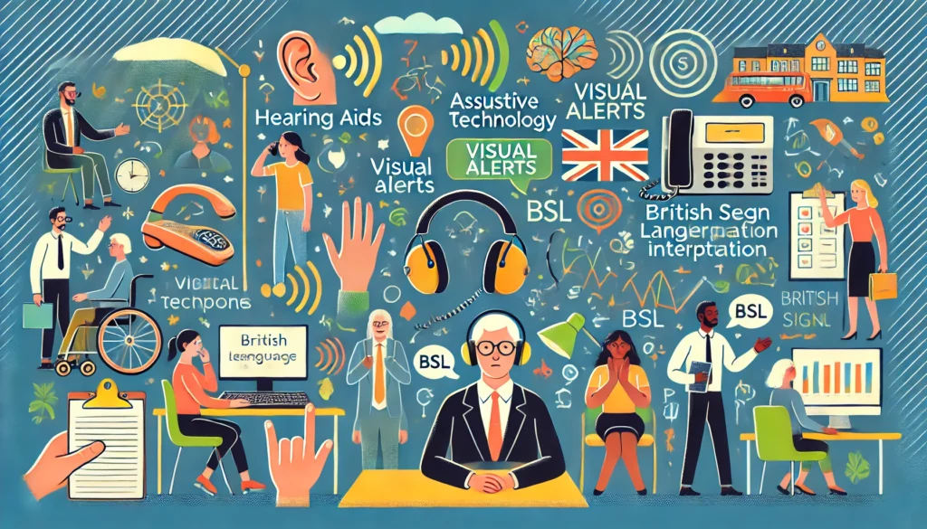 Navigating the Workplace and Benefits System: A Guide for Hearing-Impaired Individuals in the UK 2 DALL·E 2025 04 05 23.12.16 An illustration depicting workplace accessibility and support for hearing impaired individuals in the UK. Include visual representations of hearing ai